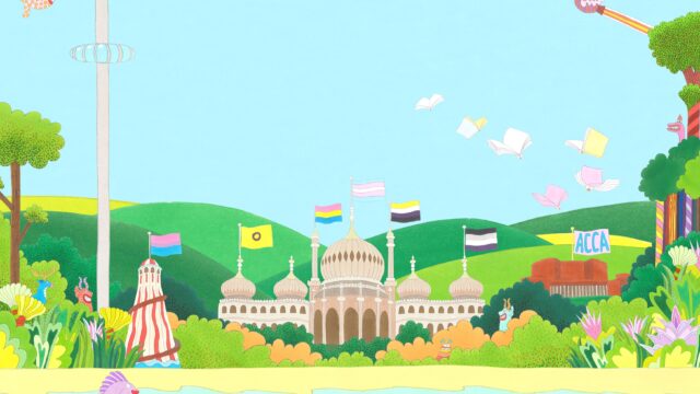 Boogaloo Stu Coast is Queer Poster 2026: drawn the pier helter skelter, Brighton Pavillion, and ACCA on a coastline with the downs in the backdrop and LGBTQ+ flags.