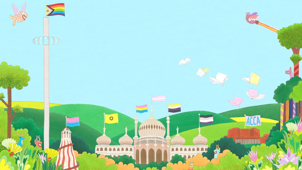 A crop of the Coast is Queer 2026 poster featuring local landmarks and LGBTQ+ flags