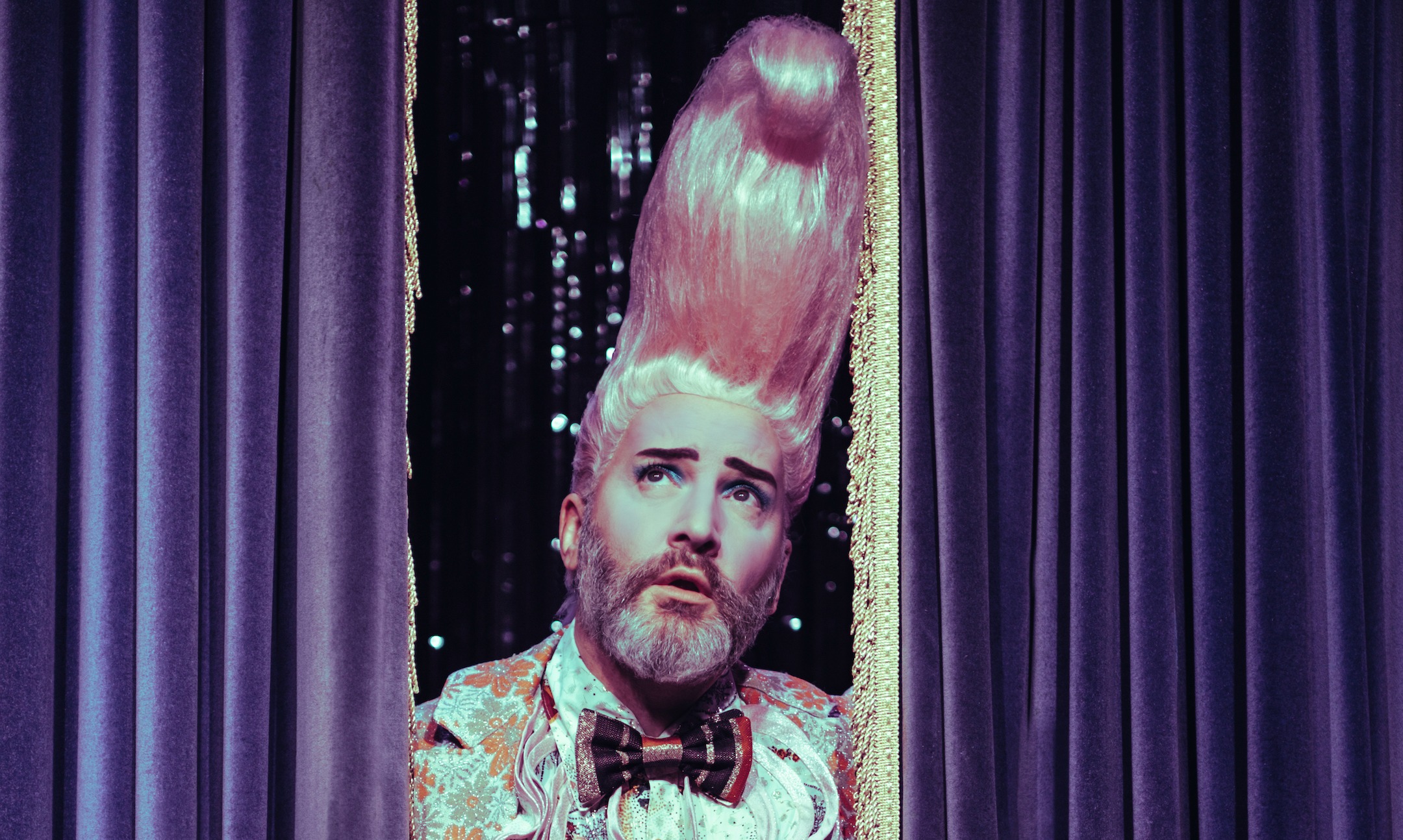 Boogaloo Stu, a white middle aged person with a big pink quiff, beard and bowtie.
